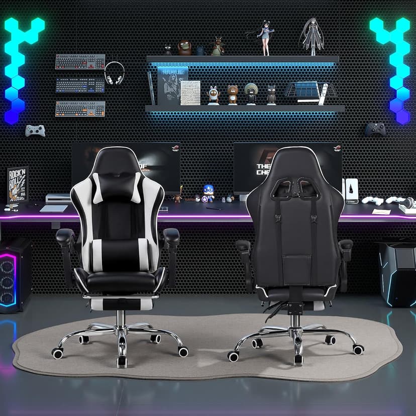VECELO Ergonomic Gaming Chair with Footrest, Comfy Recliner Computer Chair, Swivel Seat, Height Adjustable, High Back PU Leather, Lumbar Support, Headrest for Adults, Black