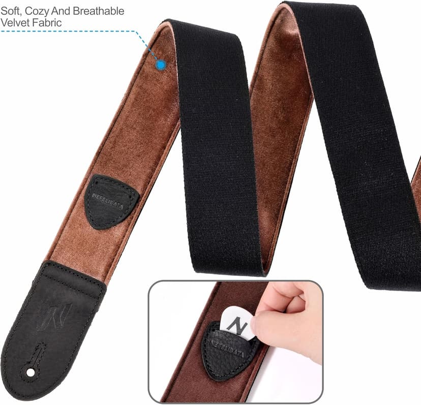 Nefelibata Guitar Strap,Double Full-Grain Leather Ends,Vintage Velvet Strap/FREE BONUS-4 Picks+Strap Locks+Strap Button,Gift For Bass,Electric&Acoustic Guitars(Vintage Coffee Brown)