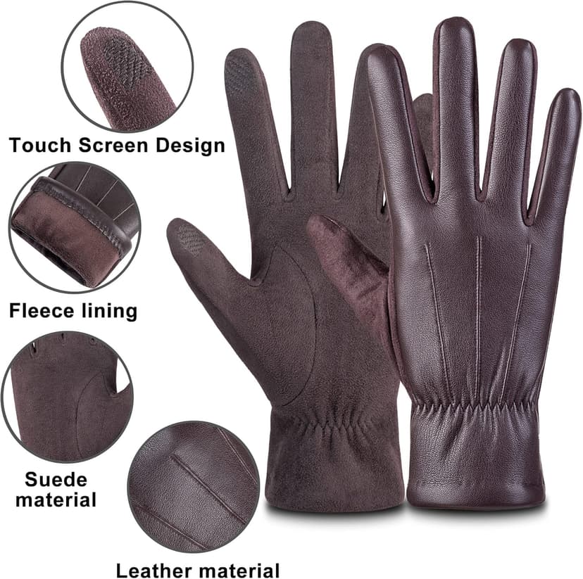 alqqas Winter Fashion Leather Gloves for Men, Finger Touchscreen Texting Wool Lined Warm Windproof Suede Driving Gloves