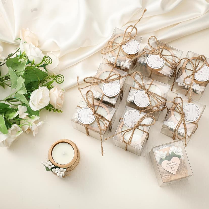 MTLEE 16 Pack Wooden Tealight Candle Holders Kit Guest Gifts for Wedding Baby Shower Bridal Shower Baptism Christening Housewarming Party Handmade Thank You Candle with Card Box Rope(Classic)
