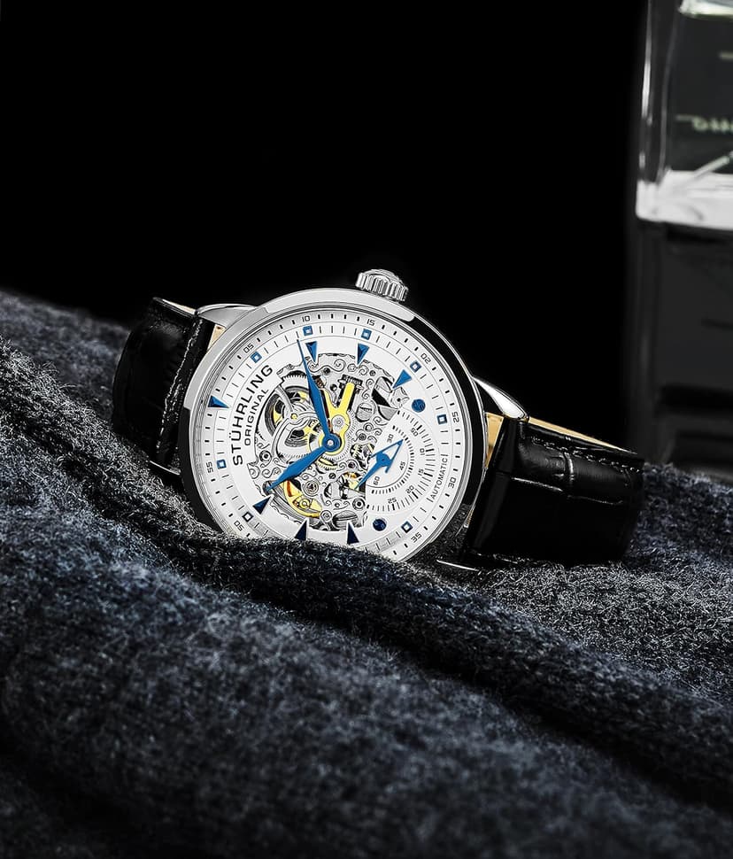 Stuhrling Original Mens Skeleton Automatic Dress Watch with Alligator Embossed Leather Strap Skeleton Dial