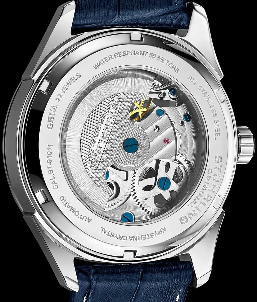 Stuhrling Mens Automatic Dress Watch Stainless Steel with Automatic Skeleton with Duel Time AM/PM Indicator