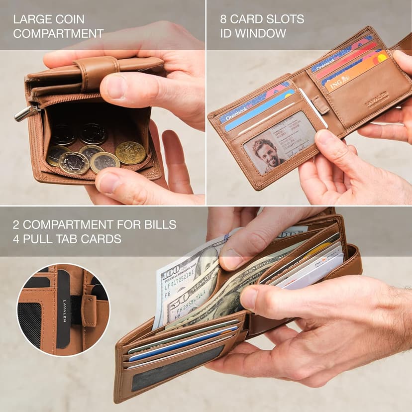Lavalen Soft Leather Wallet for Men – Genuine Bifold with Zipper Coin Pocket – Holds Bills, Credit Cards, Coins – RFID Blocking Protection – Stylish, Durable & Practical Leather Wallet for Men