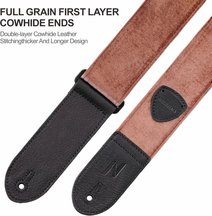 Nefelibata Guitar Strap,Double Full-Grain Leather Ends,Vintage Velvet Strap/FREE BONUS-4 Picks+Strap Locks+Strap Button,Gift For Bass,Electric&Acoustic Guitars(Vintage Coffee Brown)