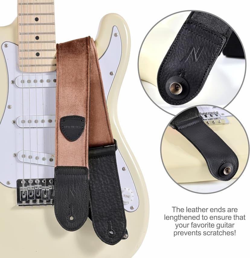 Nefelibata Guitar Strap,Double Full-Grain Leather Ends,Vintage Velvet Strap/FREE BONUS-4 Picks+Strap Locks+Strap Button,Gift For Bass,Electric&Acoustic Guitars(Vintage Coffee Brown)