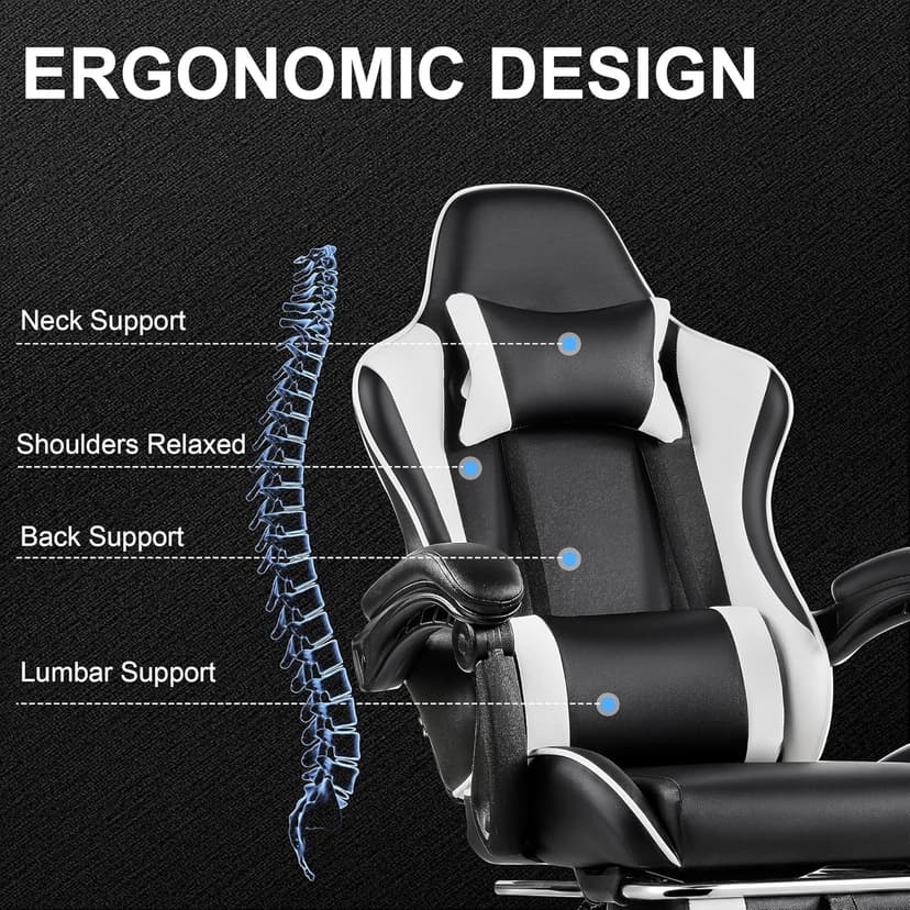 VECELO Ergonomic Gaming Chair with Footrest, Comfy Recliner Computer Chair, Swivel Seat, Height Adjustable, High Back PU Leather, Lumbar Support, Headrest for Adults, Black