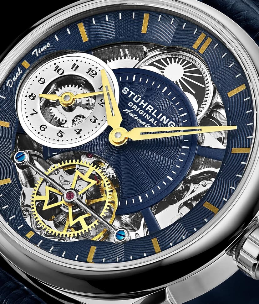 Stuhrling Mens Automatic Dress Watch Stainless Steel with Automatic Skeleton with Duel Time AM/PM Indicator