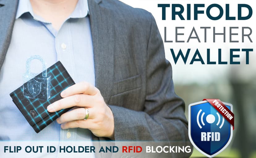 Stealth Mode Leather Trifold RFID Wallet For Men With Flip Out ID Holder (Black)