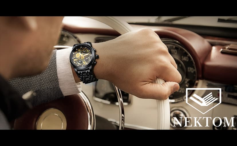 NEKTOM Watches for Men with Stainless Steel, Quartz Analog Watch with Date, Luxury Minimalist Dress Mens Watches, Chronograph Watch, 3ATM Waterproof, Black Wristwatch, Gifts for Men