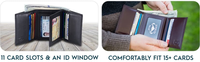 Stealth Mode Leather Trifold RFID Wallet For Men With Flip Out ID Holder (Black)