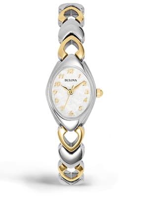 Bulova Ladies' Classic Two-Tone Stainless Steel 3-Hand Quartz, White Patterned Dial Style: 98V02