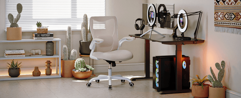 MUXX.STIL Office Chair, Ergonomic Desk Chair with Adjustable Lumbar Support and Flip up Armrest, Breathable Mesh Computer Chair for Home Office, Khaki