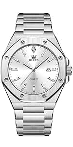 OLEVS Men's Stainless Steel Watch, Big Face Easy to Read Analog Quartz Dress Watches, Classic Rotating Bezel Waterproof Luminous Hands Date Mens Wristwatch