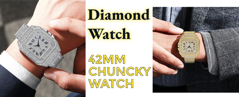 Apzzic Diamond Iced Out Watch CZ Gold Plated 40mm Width Roman Numerals Dial Quartz Wristband Watch for Men Women