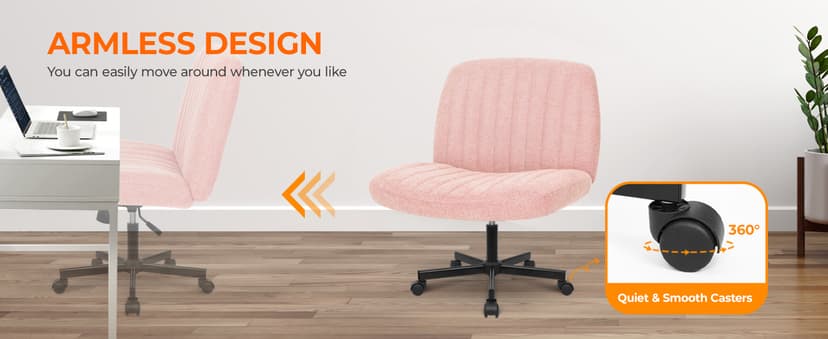 Orange Factory Criss Cross Chair Wheels Wide Cross Legged Office Desk Vanity Chair Comfy Fabric Armless Adjustable Swivel for Home Computer Task (Pink)