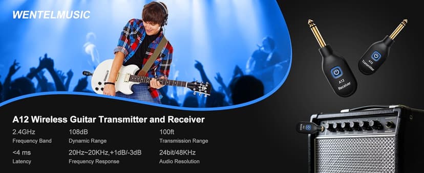 A12 Wireless Guitar Transmitter Receiver - 2.4GHz System, 24-bit 48KHz Audio, 100ft Range, No Latency, Rechargeable, Easy Pairing for Electric Guitar & Bass - Accessories (1TX+1RX)