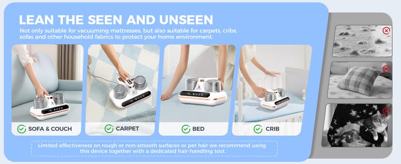 Amzany Mattress Vacuum Cleaner - 5-in-1 Cordless Bed Vacuum Cleaner, Powered by UV-C Light & Ultrasonic Technology, 16Kpa Strong Suction,Low Noise,Suitable for Dust, Pet Hair, Etc.