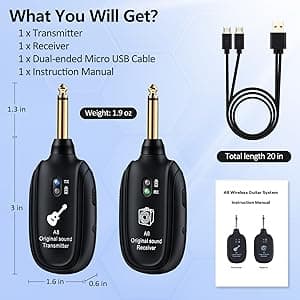 A8 Wireless Guitar Transmitter Receiver System, 2.4GHz Rechargeable, 24-bit/48KHz Audio, Low Latency <4ms for Electric Guitar & Bass, Wireless Audio Transmitter & Receiver (A8(1TX+1RX))
