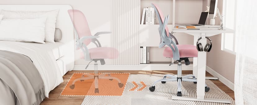 Sweetcrispy Home Office Computer Desk Chair, Ergonomic Mid-Back Mesh Rolling Work Swivel Task Chairs with Wheels, Comfortable Lumbar Support, Comfy Flip-up Arms for Bedroom, Study, Student, Pink