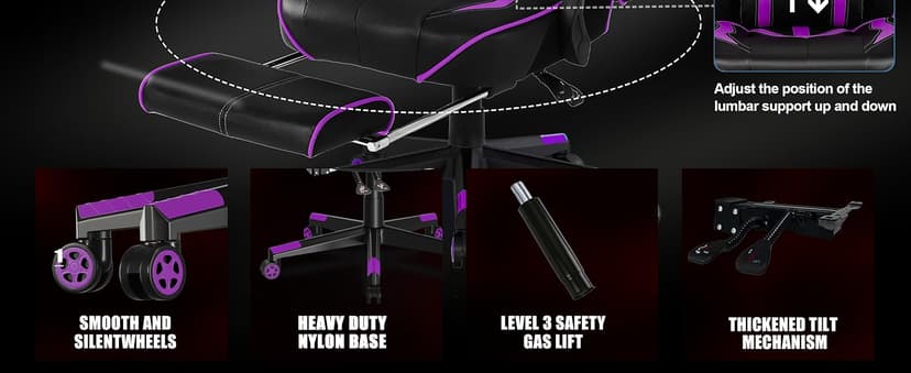 Vonesse Purple Gaming Chair with Footrest, Reclining Computer Gaming Chairs for Adults, Ergonomic Gamer Chair with Massage, Big and Tall PC Game Chair(Purple/Black)