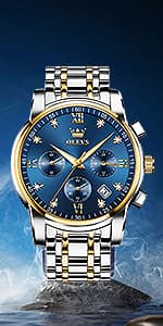 OLEVS Watch for Men Diamond Business Dress Analog Quartz Stainless Steel Waterproof Luminous Date Two Tone Luxury Casual Wrist Watch Blue