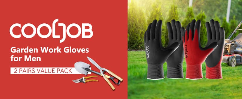 COOLJOB Gardening Gloves for Men, 2 Pairs Breathable Rubber Coated for Garden Weeding Landscaping, Outside Work for Lawn Yard, Men's Large Size, Black & Red