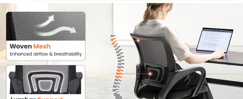 NEO CHAIR Office Desk Computer Chair Ergonomic Mesh Gaming Mid Back Seat with Comfy Lumbar Support Adjustable Height Swivel for Home Task (Black)