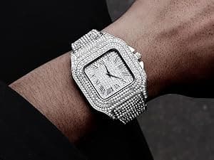 Apzzic Diamond Iced Out Watch CZ Gold Plated 40mm Width Roman Numerals Dial Quartz Wristband Watch for Men Women