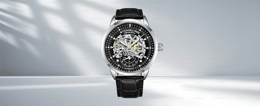 Stuhrling Mens Automatic Dress Watch Stainless Steel with Automatic Skeleton with Duel Time AM/PM Indicator