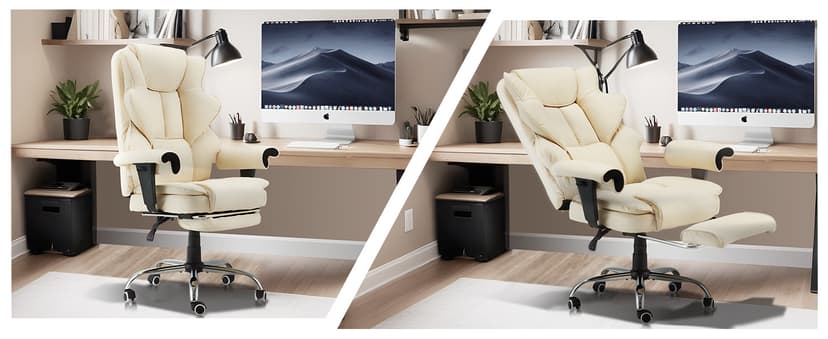 HOMREST 6-Point Massage Executive Chair,Heat Office Chair,Ergonomic Home Office Desk Chairs with Retractable Footrest and Reclining Function,Leather Computer Chair with Adjustable Armrest(Off White)