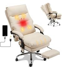 HOMREST 6-Point Massage Executive Chair,Heat Office Chair,Ergonomic Home Office Desk Chairs with Retractable Footrest and Reclining Function,Leather Computer Chair with Adjustable Armrest(Off White)