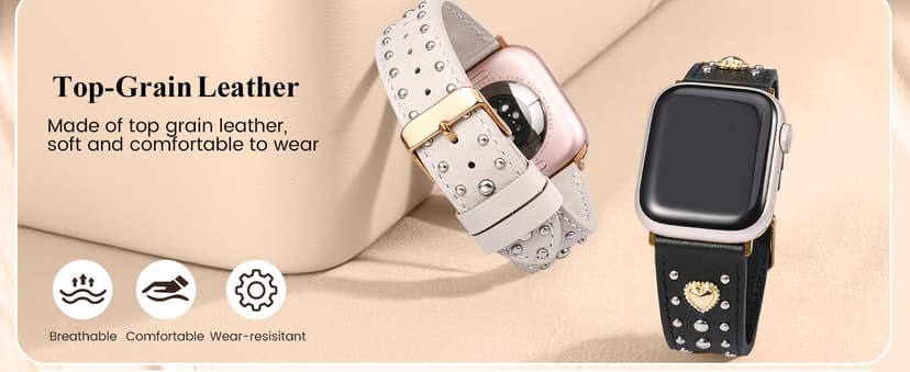 Wearlizer Leather Band Compatible with Apple Watch Bands Women 42/46/38/40/41/44/45/49mm, Dressy Fancy Designer Pretty Heart Charms Studded Strap for iWatch Series 11 10 9 8 7 6 5 4 SE/Ultra 3 2 1