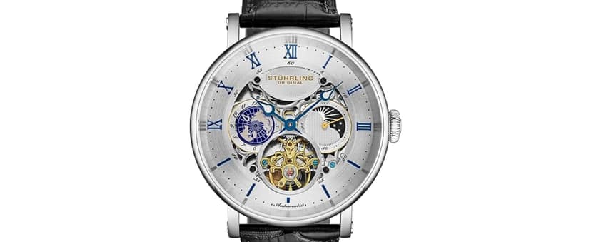 Stuhrling Original Mens Skeleton Automatic Dress Watch with Alligator Embossed Leather Strap Skeleton Dial
