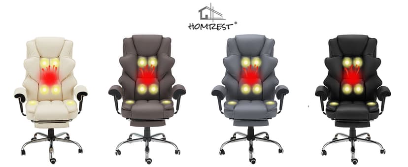 HOMREST 6-Point Massage Executive Chair,Heat Office Chair,Ergonomic Home Office Desk Chairs with Retractable Footrest and Reclining Function,Leather Computer Chair with Adjustable Armrest(Off White)