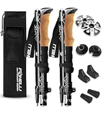 Foxelli Trekking Poles – Lightweight Collapsible Aircraft Grade Aluminum Hiking Poles with Cork Grips Quick Locks & All-Terrain Accessories – Pair of 2