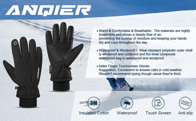 anqier Winter Gloves -30℉ Waterproof Windproof Thermal Touchscreen Gloves for Ski Hiking Running Men and Women
