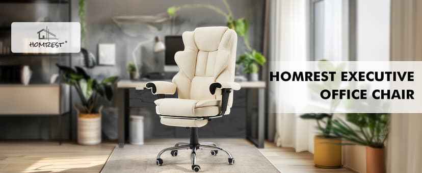 HOMREST 6-Point Massage Executive Chair,Heat Office Chair,Ergonomic Home Office Desk Chairs with Retractable Footrest and Reclining Function,Leather Computer Chair with Adjustable Armrest(Off White)