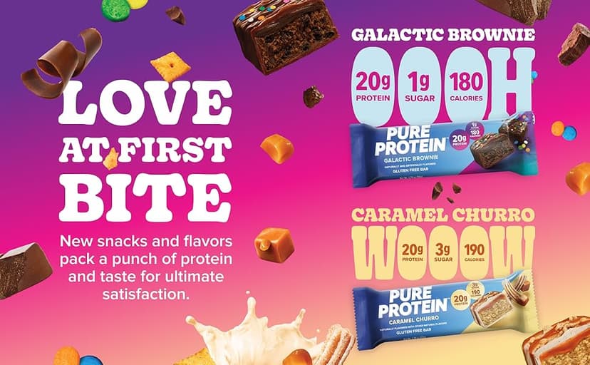 Pure Protein Chocolate Peanut Caramel Protein Bars – 20g Protein, 3g Sugar, 190 Calories (12 count) Low Sugar* High Protein Snack - Gluten Free - Perfect for a Healthy Snack