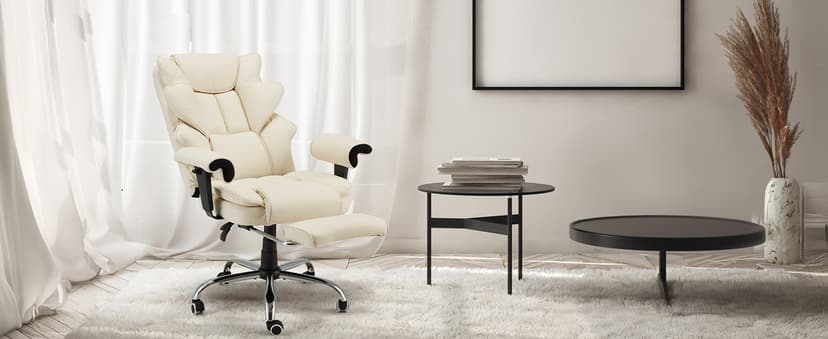 HOMREST 6-Point Massage Executive Chair,Heat Office Chair,Ergonomic Home Office Desk Chairs with Retractable Footrest and Reclining Function,Leather Computer Chair with Adjustable Armrest(Off White)