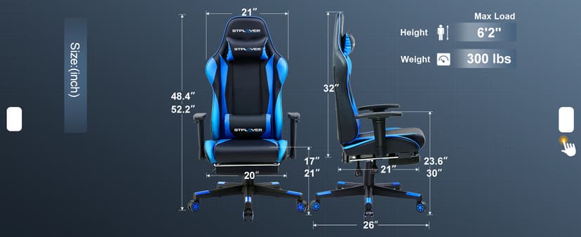 GTPLAYER Gaming Chair with Footrest, Ergonomic Computer Game Desk Chair, Reclining Game Chair Seat Height Adjustment, Swivel Rocker with Headrest and Lumbar (Blue)