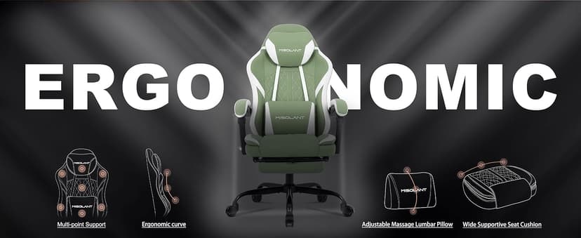 Misolant Gaming Chair, Fabric Gamer Chair with footrest for Adults, High Back Ergonomic Computer Game Chair with Adjustable Headrest and Massage Lumbar Support, 90-155° Recline Free, Green