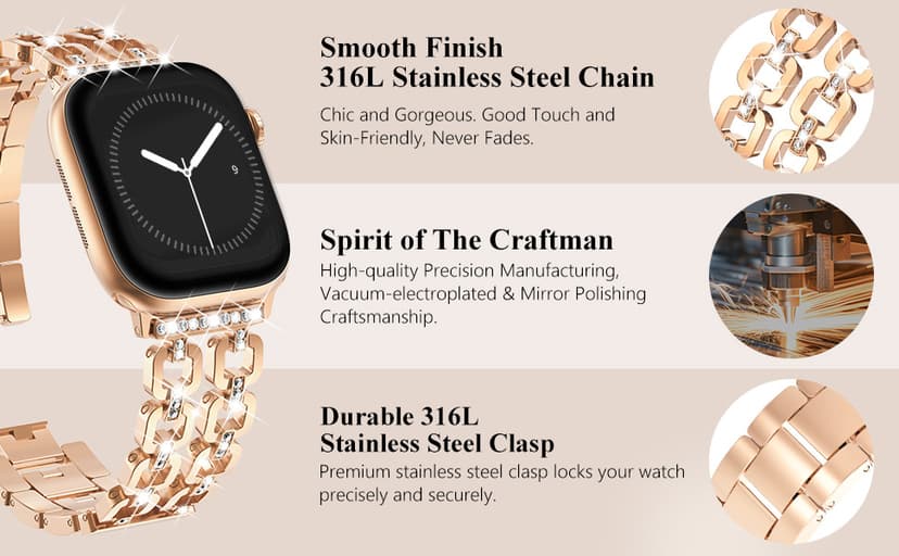 WINGLE for Apple Watch Band 42/46/38/40/41/44/45/49mm Women Designer Dressy Bands Fancy Chain Bracelet Stainless Steel Elegant Jewelry Metal Strap for iWatch Series 11 10 9 8 7 6 5 4 SE/Ultra 3 2 1