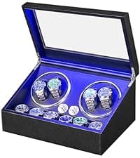 ANWBROAD ANWBROAD Watch Winder for Automatic Watches 4 Watch Rotator and 6 Extra Storages with Super Quiet Motor and LED Backlight Turner Carbon Fiber Shaker 5 Rotating Modes USB UJWW002F