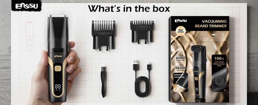 ENSSU Beard Trimmer for Men Auto-Vaccum, Rechargeable Electric Men Beard Trimmers with 2 Combs, 1-20mm Adjustable Length Dial, Waterproof Cordless Mustache Trimmer for Face, Stubble