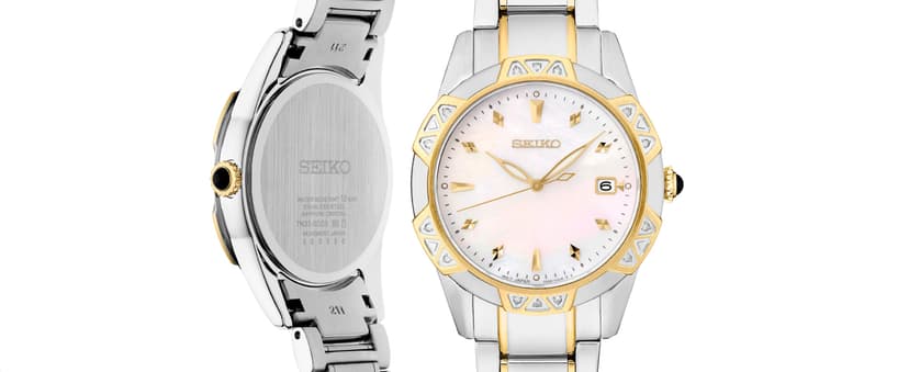 SEIKO Watch for Women - Diamond Collection - with 18 Diamond Accents, Solar Power, Mother-of-Pearl Dial, Two-Tone Rose Gold Stainless Steel Case & Bracelet, and Water-Resistant to 50m