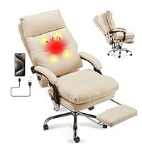 HOMREST 6-Point Massage Executive Chair,Heat Office Chair,Ergonomic Home Office Desk Chairs with Retractable Footrest and Reclining Function,Leather Computer Chair with Adjustable Armrest(Off White)