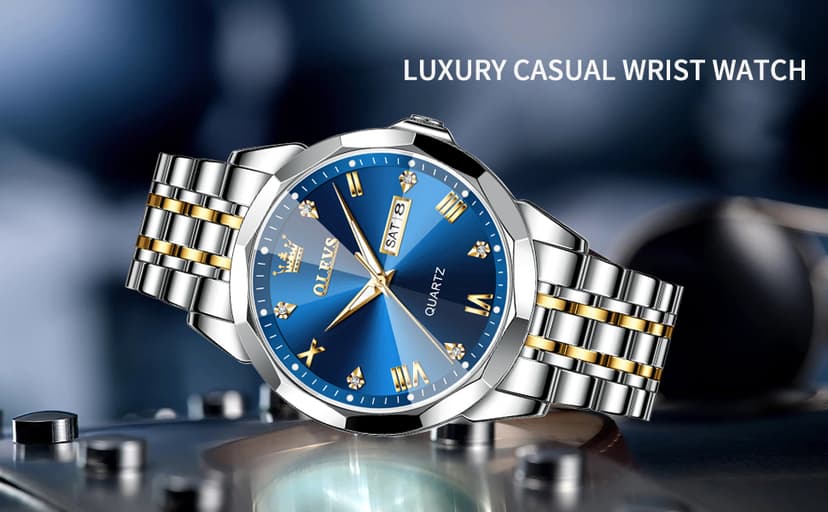 OLEVS Watch for Men Diamond Business Dress Analog Quartz Stainless Steel Waterproof Luminous Date Two Tone Luxury Casual Wrist Watch Blue