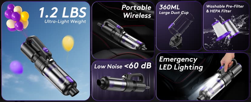 SWMRDN Car Vacuum Portable Cordless, 20000Pa Mini Vacuum Cleaner & Air Duster, 130W Brushless Motor Handheld Vacuum Cordless with LED Light, 7800mAh Battery, Multi-Nozzles for Car, Office, Home, Pet