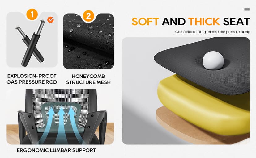 BestOffice | Ergonomic Office Chair | Mid-Back Swivel Desk Chair | Breathable Backrest & Lumbar Support | Adjustable Height | Sponge Seat | Rolling Wheels | Dark Black | for Adults & Women