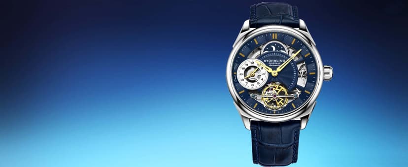 Stuhrling Mens Automatic Dress Watch Stainless Steel with Automatic Skeleton with Duel Time AM/PM Indicator